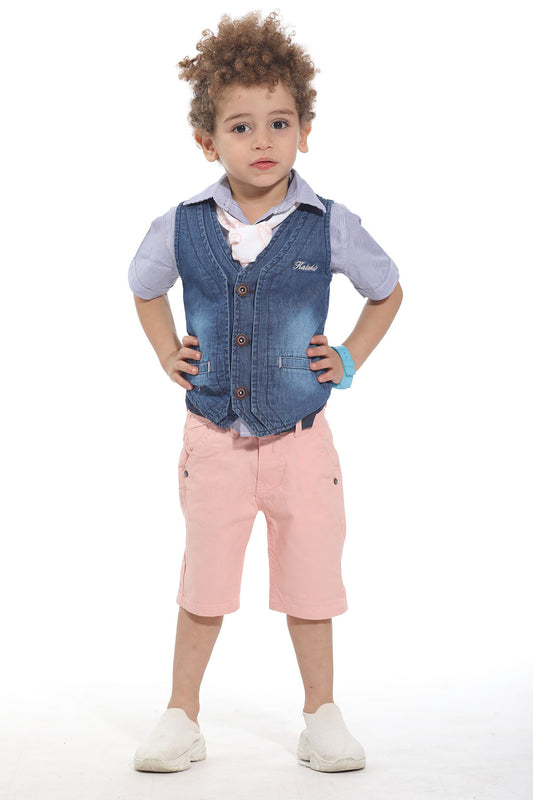 Shirt With Denim Vest & Pink Shorts Set for Boys