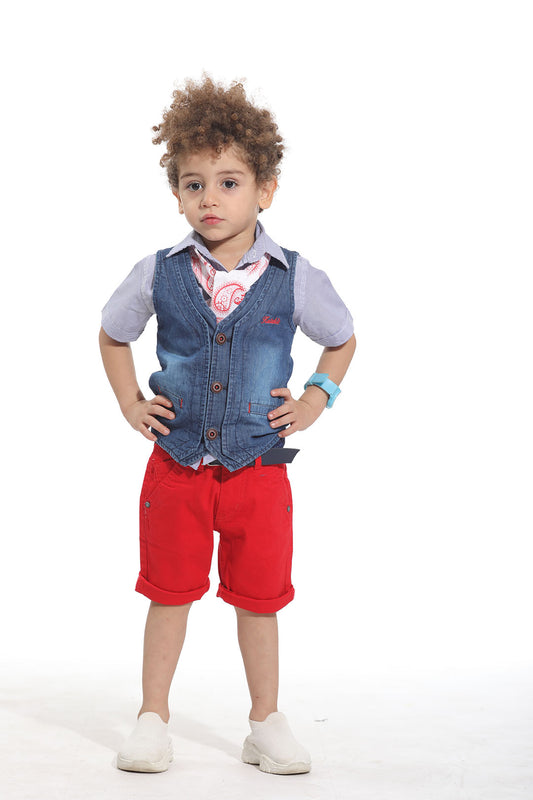 Shirt With Denim Vest & Red Shorts Set for Boys