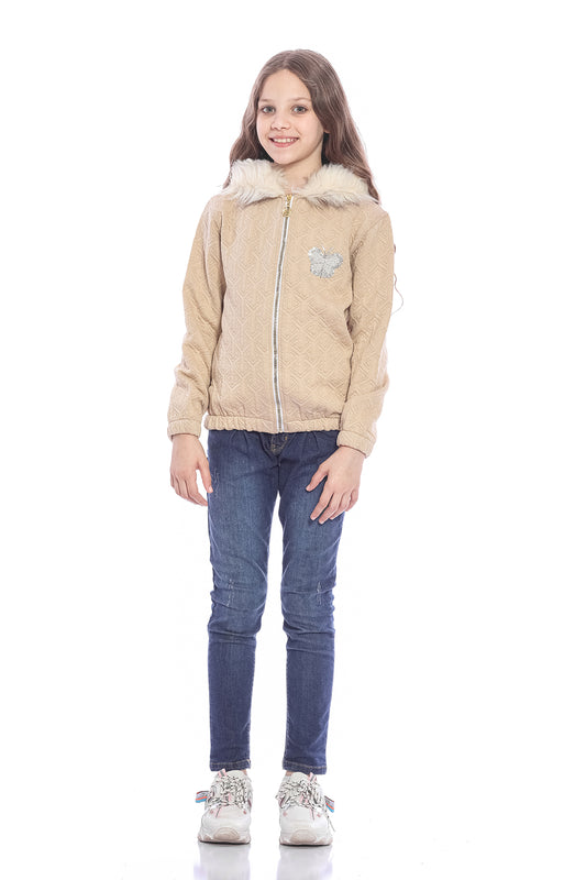 Beige Hooded Casual Jacket With Detail For Girls