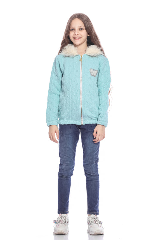 Turquoise Hooded Casual Jacket With Detail For Girls
